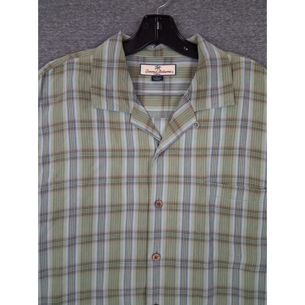 Tommy Bahama Mens Shirt Large Green Plaid 100% Silk Button Up Hawaii Resort